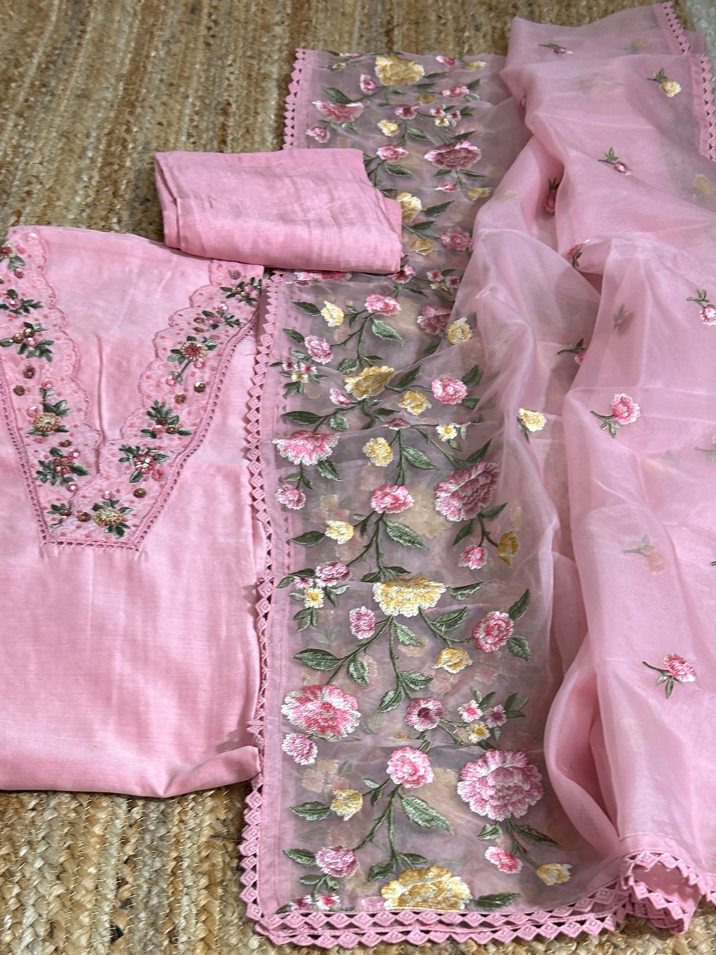 Maslin SIlk Embroidered Dress Material with Embroidered Organza Dupatta *