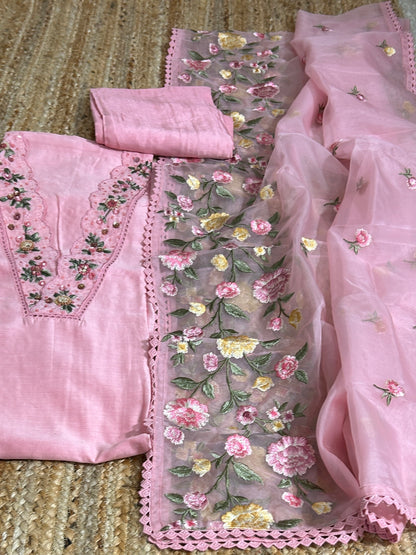 Maslin SIlk Embroidered Dress Material with Embroidered Organza Dupatta *