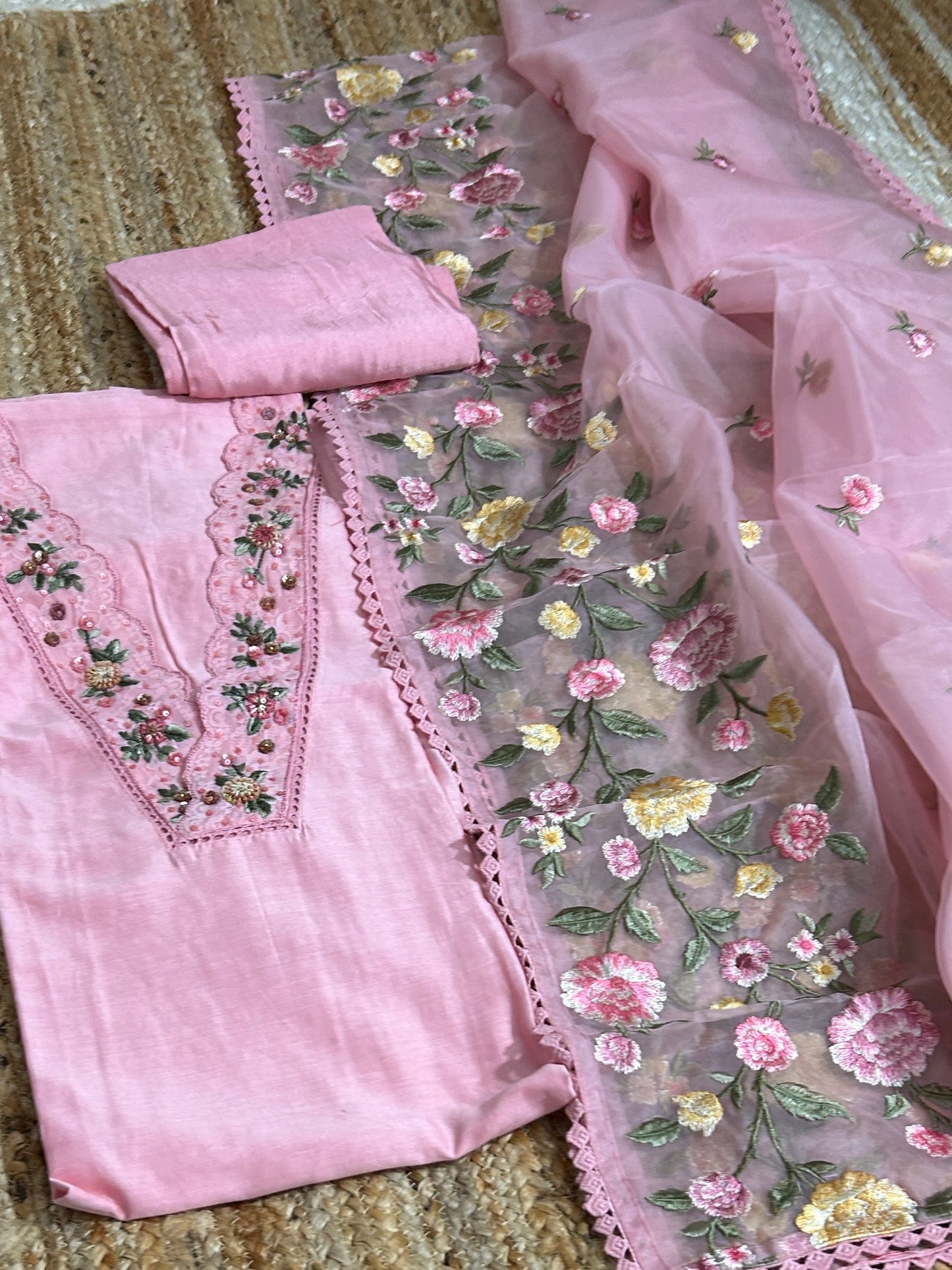 Maslin SIlk Embroidered Dress Material with Embroidered Organza Dupatta *