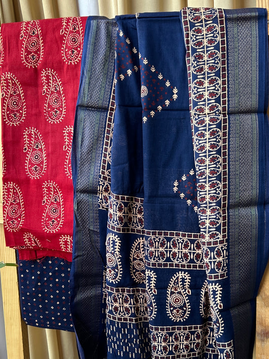 Block Print Cotton Dress Material with weaving Border dupatta