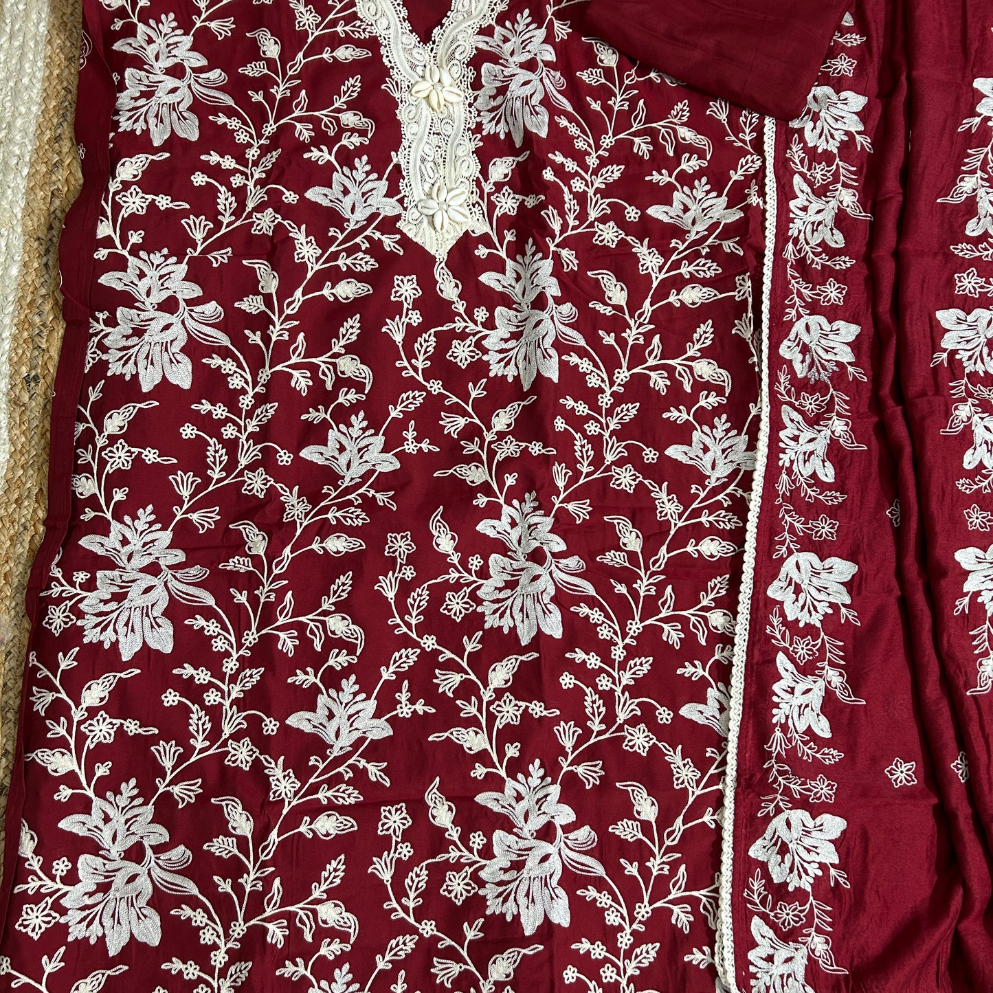 Maroon Embroidered silk Cotton Dress Material