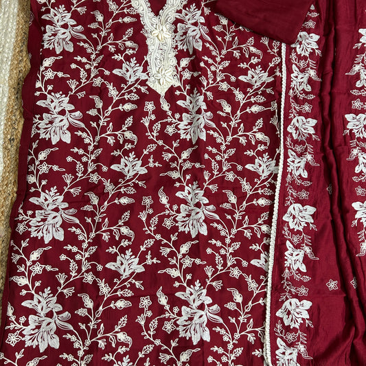 Maroon Embroidered silk Cotton Dress Material