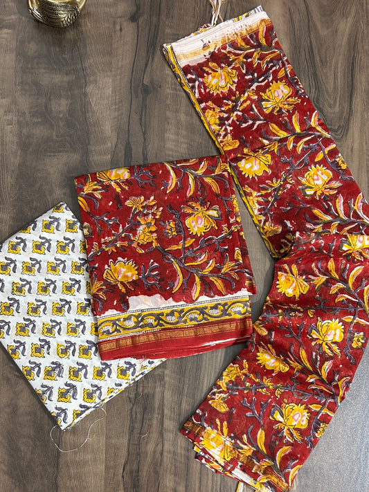 Deep red Hand BlockPrint Chanderi Silk Cotton Dress Material