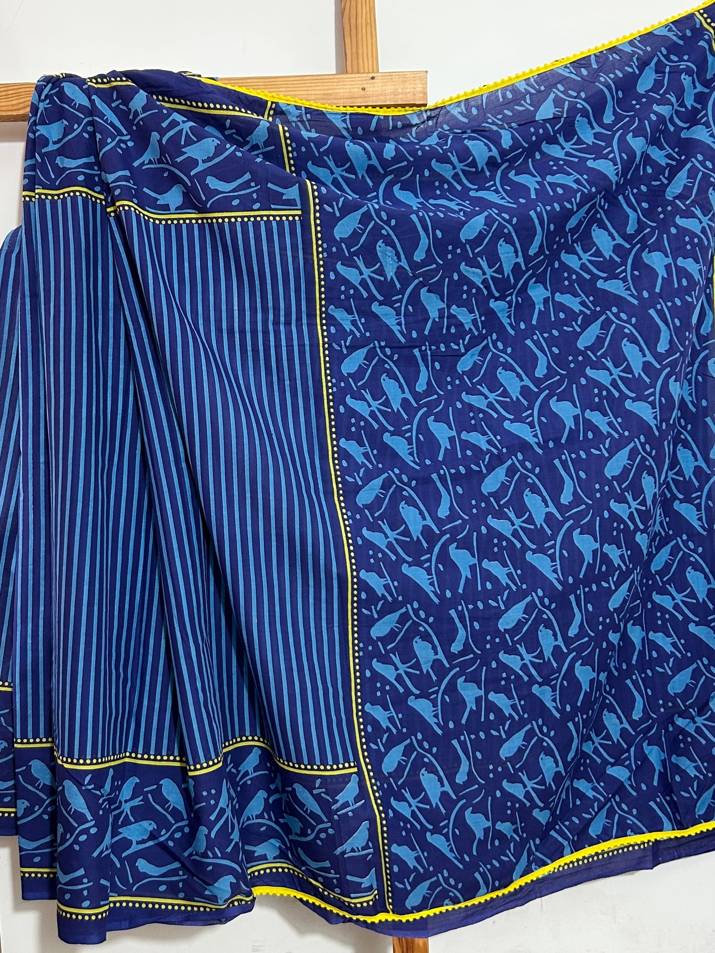 Indigo Hand Block Print Cotton Saree with Pompoms