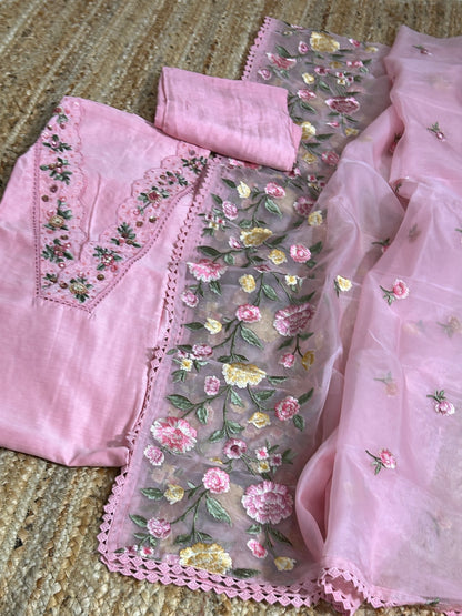 Maslin SIlk Embroidered Dress Material with Embroidered Organza Dupatta *