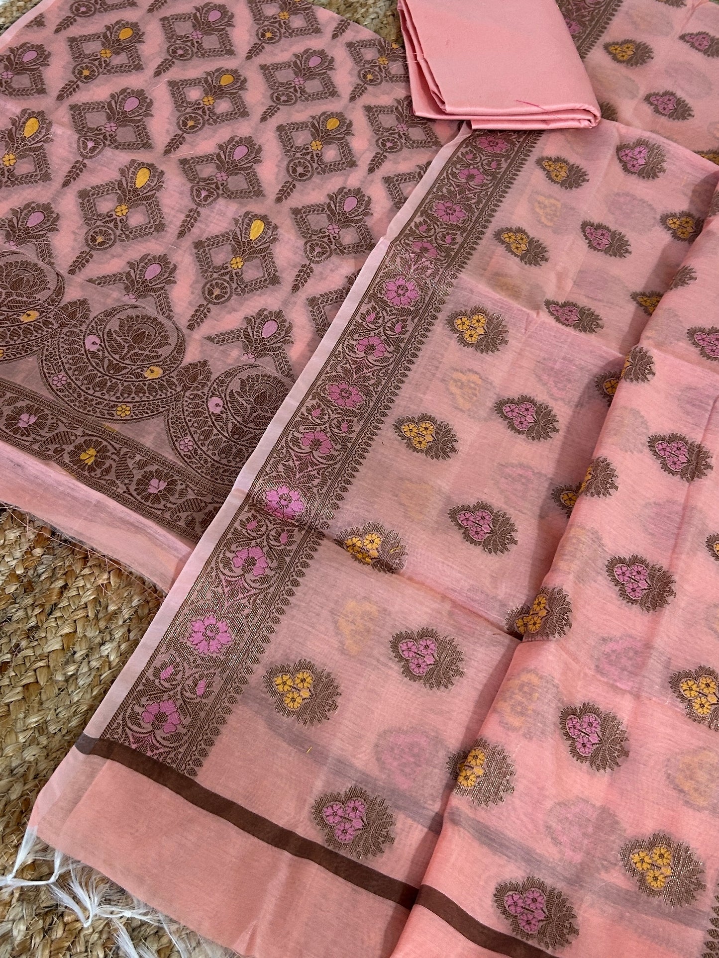 Peach Banarasi Cotton Silk Dress Material