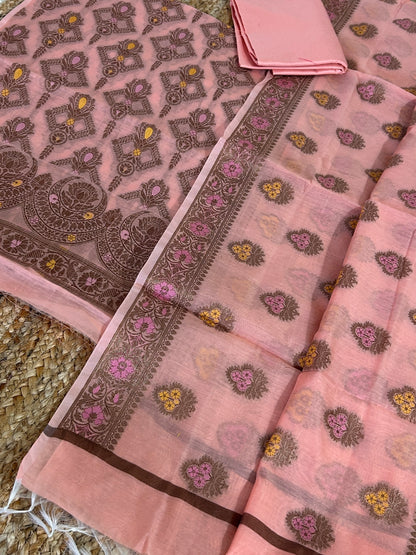 Peach Banarasi Cotton Silk Dress Material