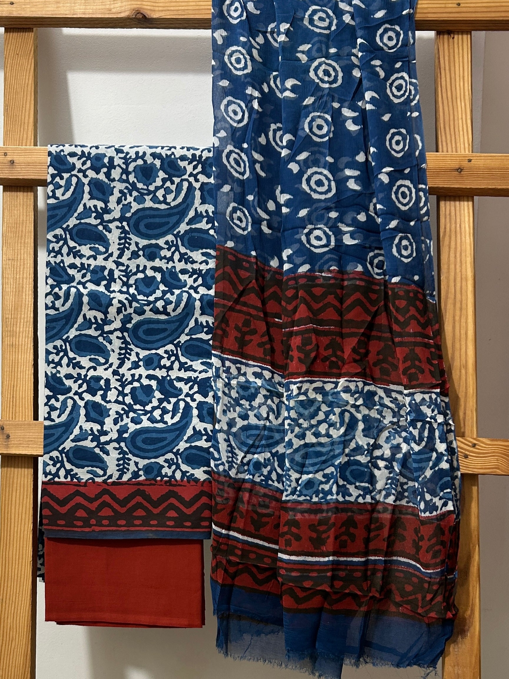 Hand BlockPrint Cotton Dress Material with Chiffon Dupatta