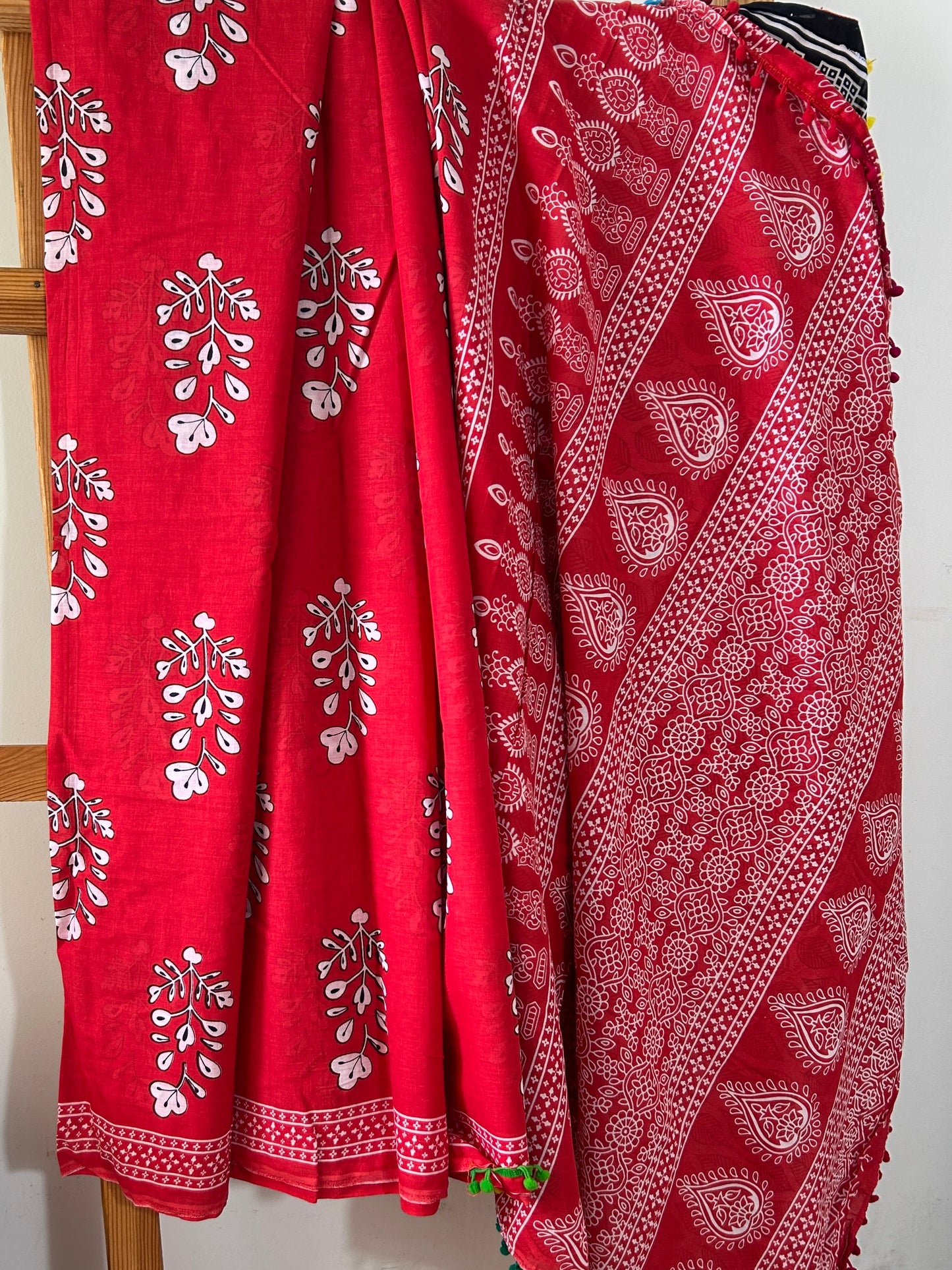 Hand BlockPrint Cotton Saree with Pompoms