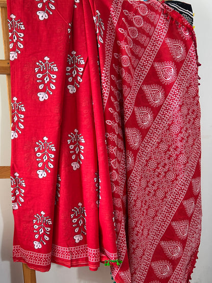 Hand BlockPrint Cotton Saree with Pompoms