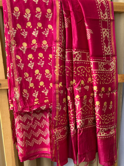 Chanderi Pure Silk Cotton Hand Blockprint Dress Material