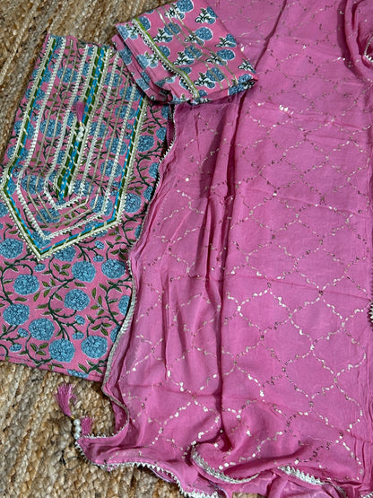 Hand BlockPrint Cotton Dress Material with Pure Chiffon Sequins Dupatta *
