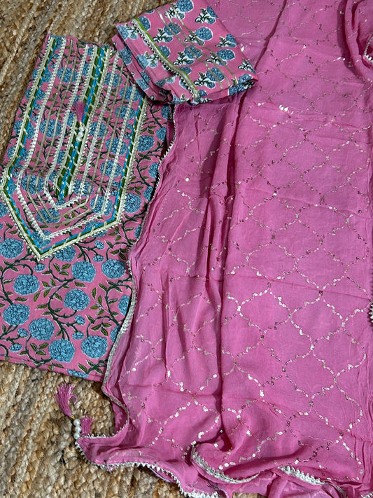 Hand BlockPrint Cotton Dress Material with Pure Chiffon Sequins Dupatta *