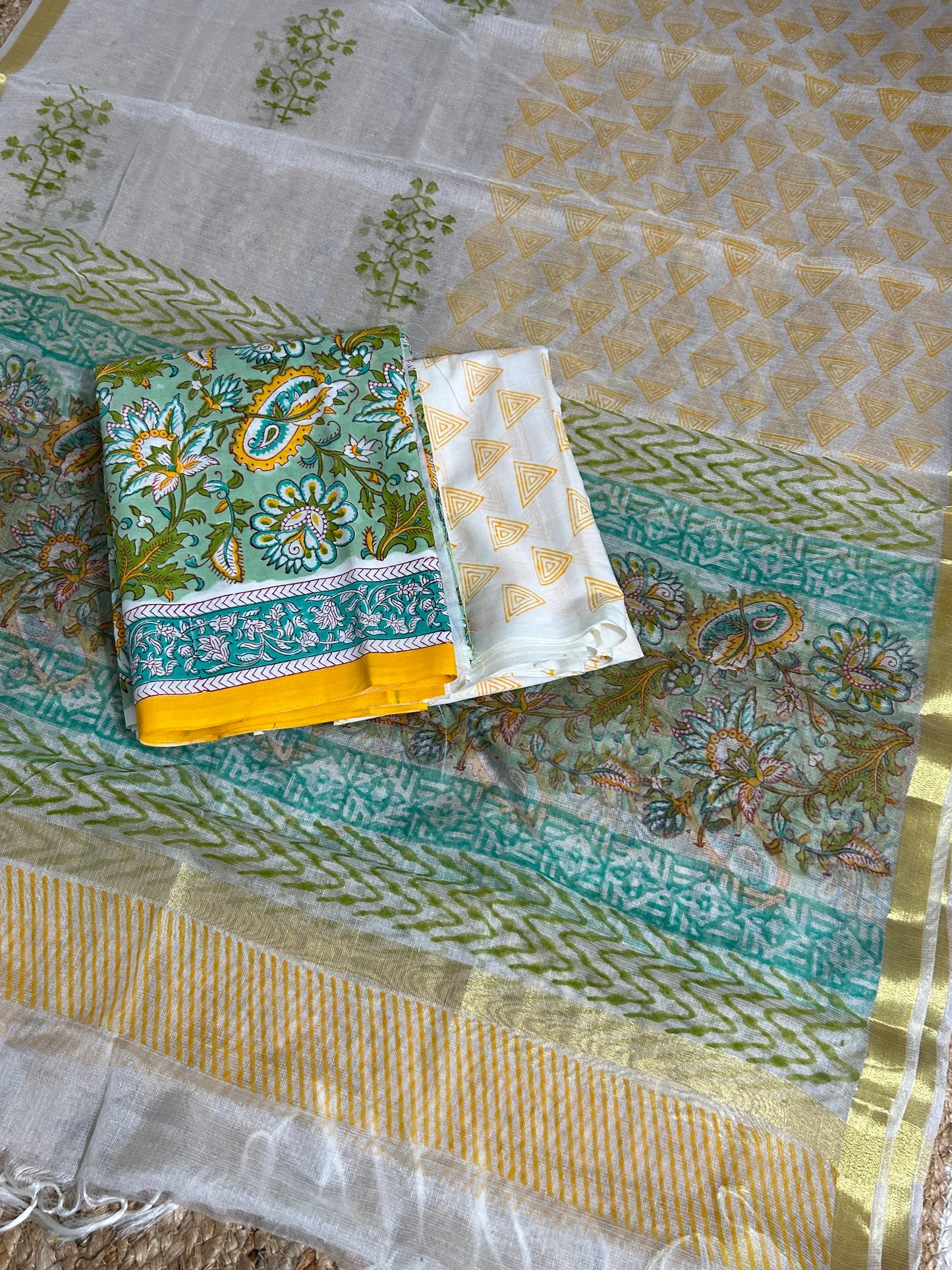 Hand BlockPrint Cotton Dress Material with Organza Dupatta *