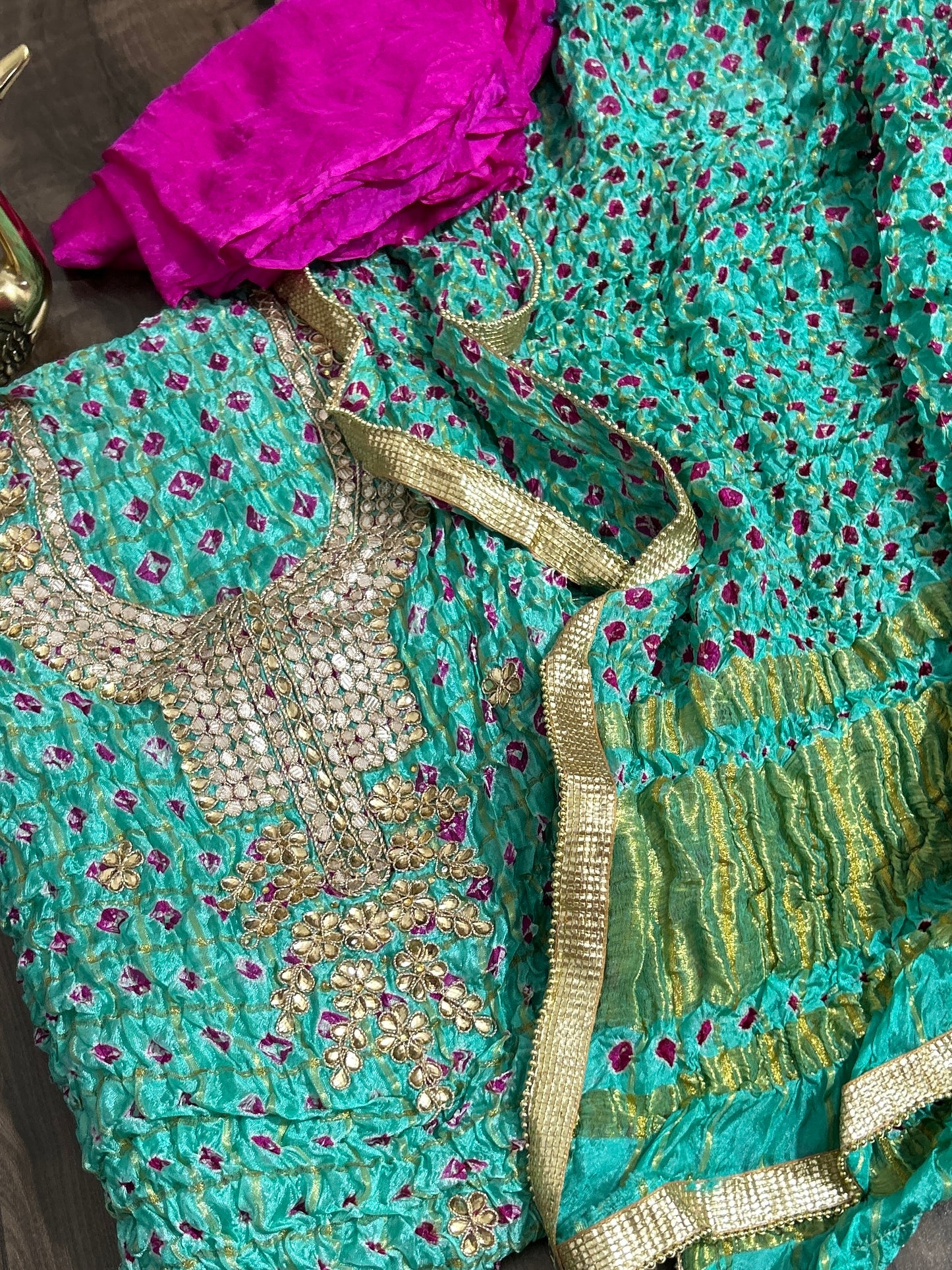 Bandhej Gadchola Dress Material with Gotapatti Work