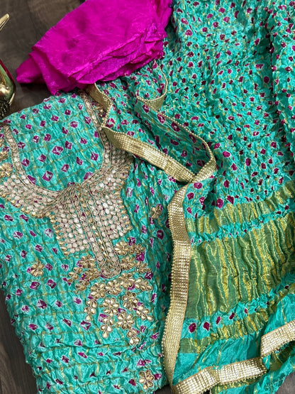 Bandhej Gadchola Dress Material with Gotapatti Work