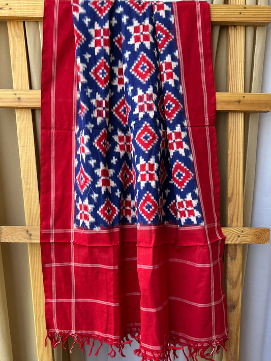 Red Blue Telia Rumal Double Ikat Mercerised Cotton Dupatta
