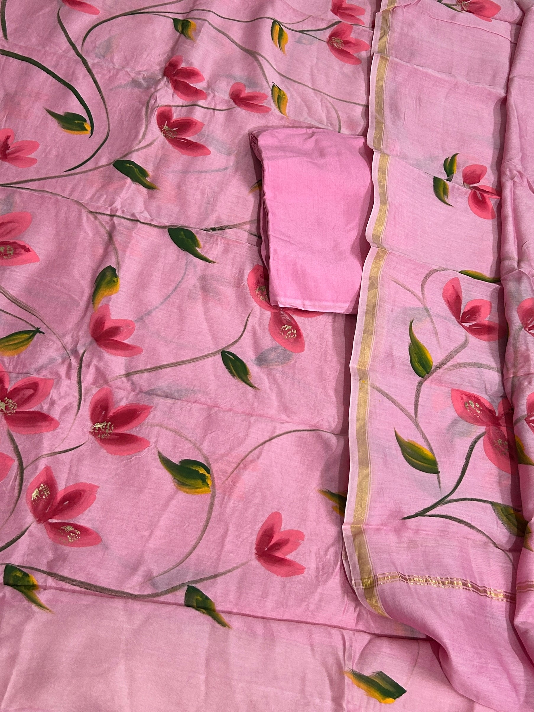 Hand Painted Chanderi Silk Cotton  Dress Material