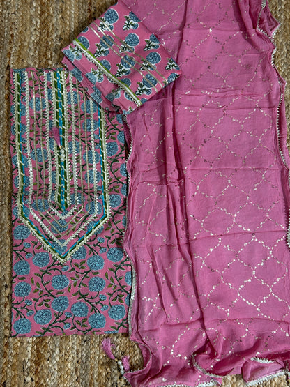 Hand BlockPrint Cotton Dress Material with Pure Chiffon Sequins Dupatta *