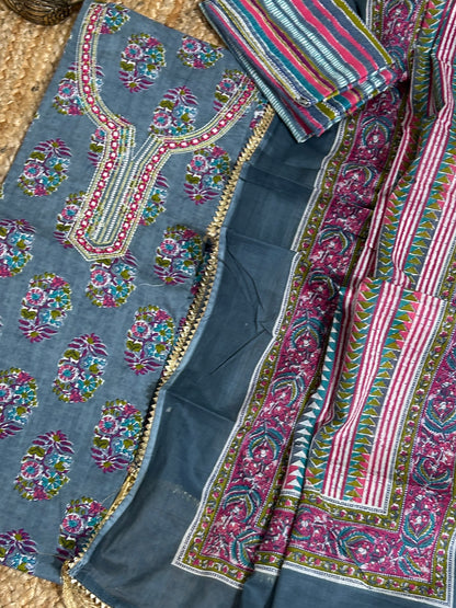 Hand Blockprint Cotton Embroidered Dress Material with Cotton Dupatta *