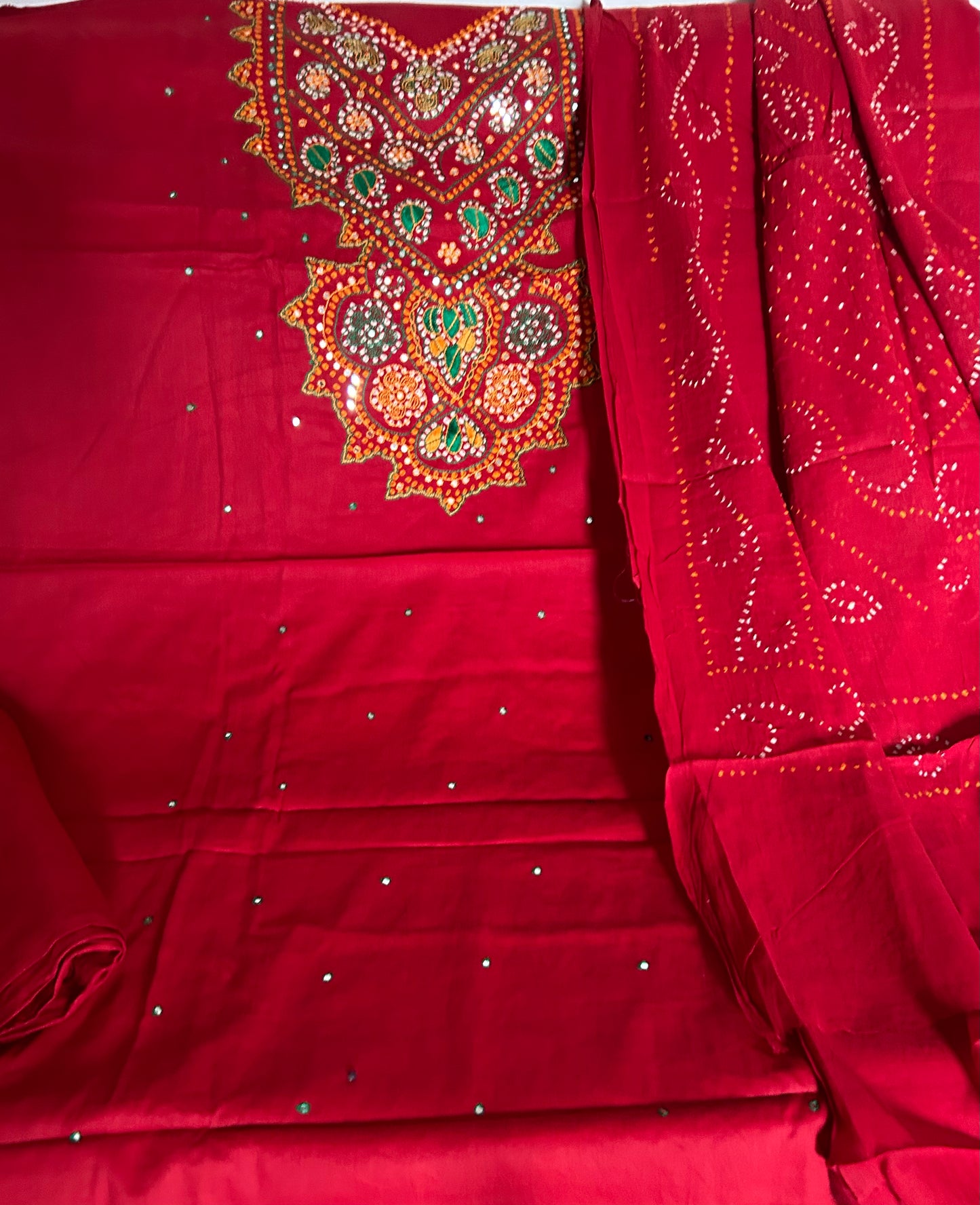 Deep red Bandhej HandWork Cotton Dress Material with Mirror work