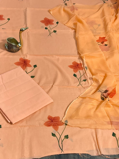 Hand Painted Cotton Dress Material with Chiffon Dupatta *