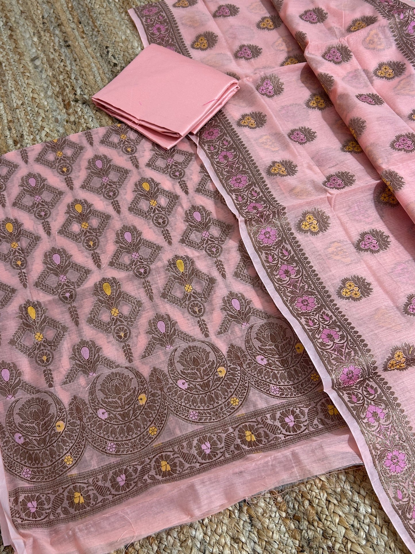 Peach Banarasi Cotton Silk Dress Material