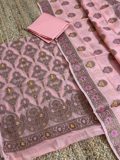 Peach Banarasi Cotton Silk Dress Material