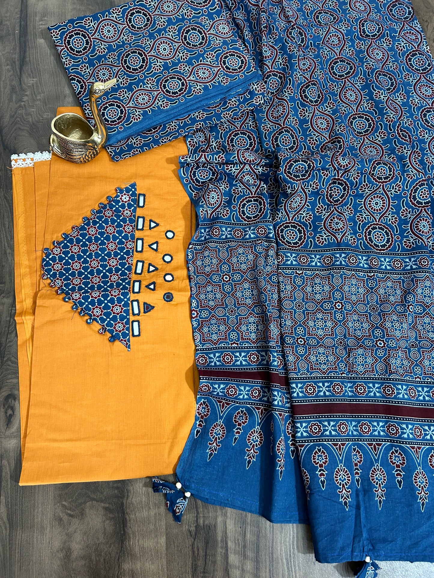 Ajrakh Cotton Dress Material with Original Mirror Work