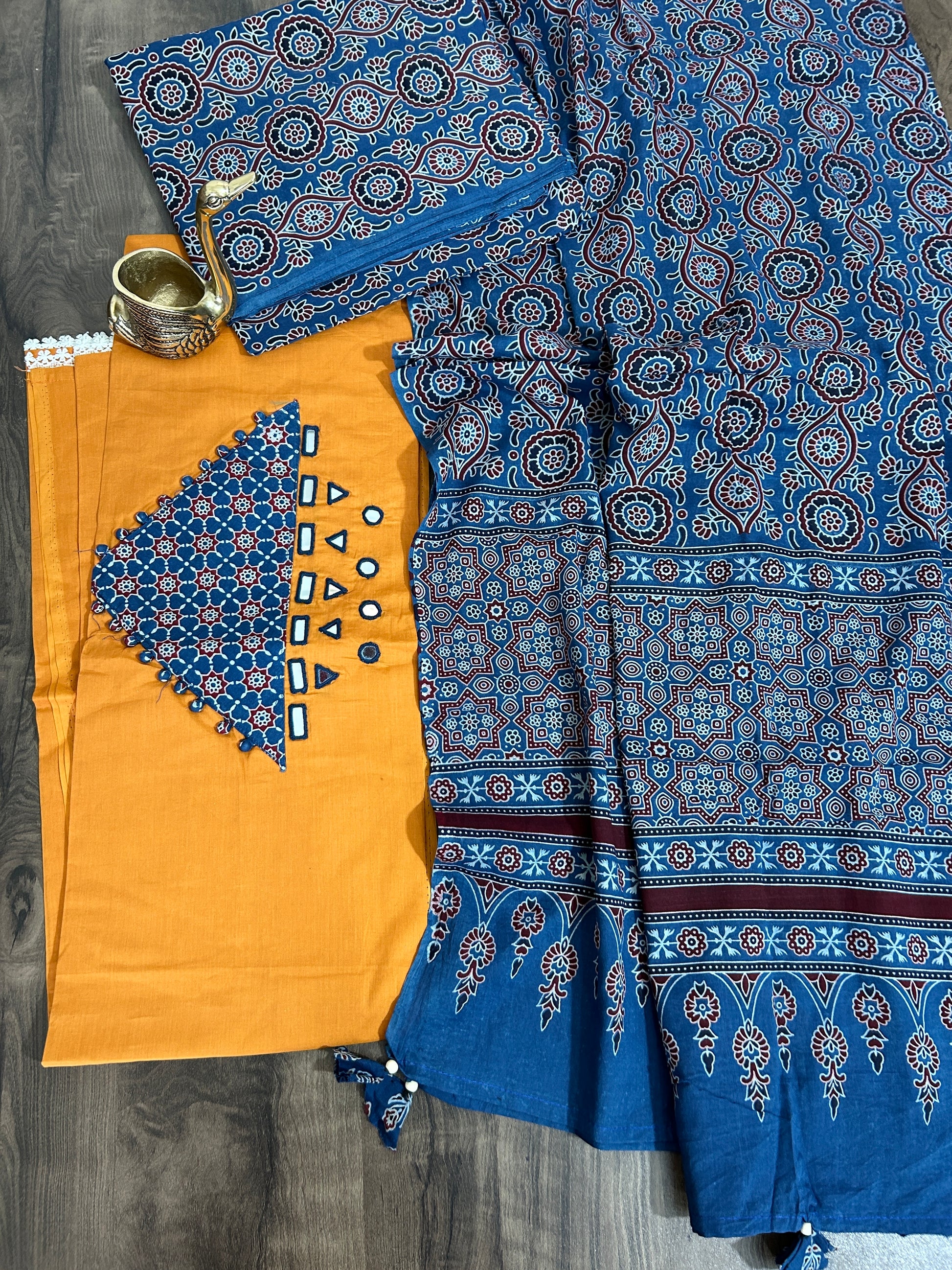 Ajrakh Cotton Dress Material with Original Mirror Work