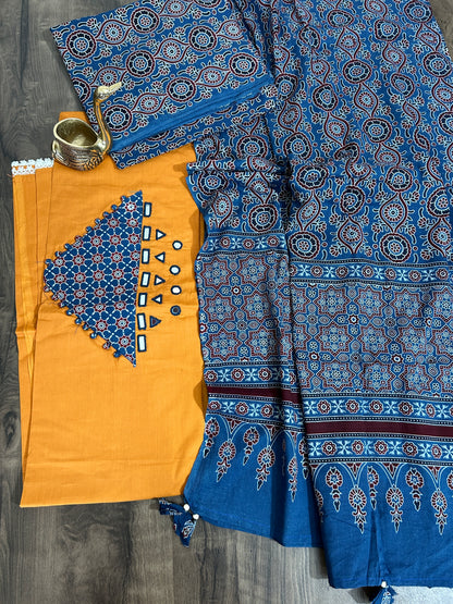 Ajrakh Cotton Dress Material with Original Mirror Work