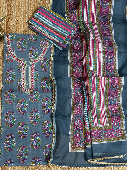 Hand Blockprint Cotton Embroidered Dress Material with Cotton Dupatta *
