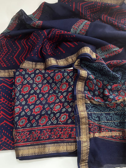 Hand Block Print Maheshwari Silk Cotton Dress Material