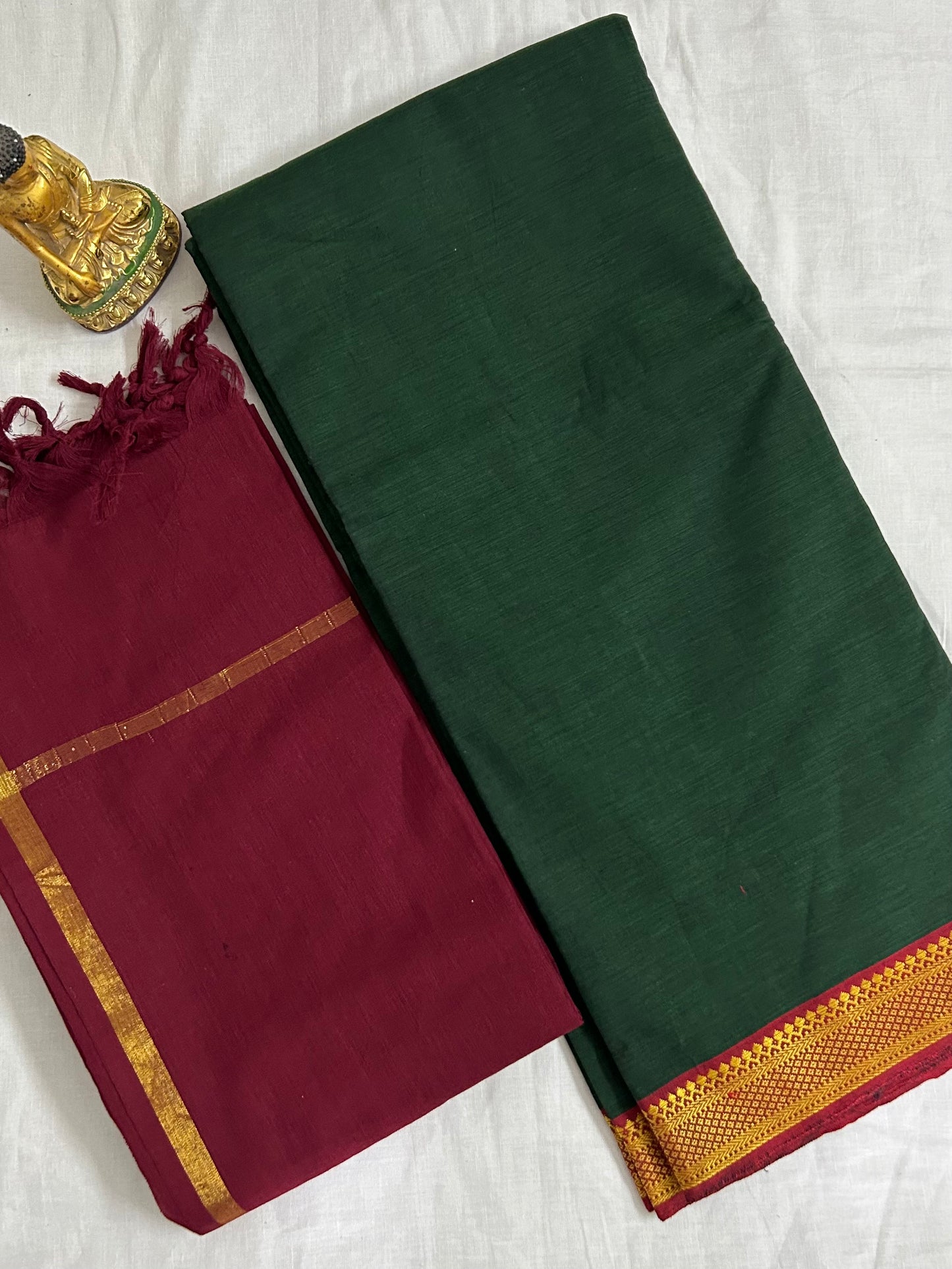 Green Maroon Mangalagiri Cotton Dress Material with zari border