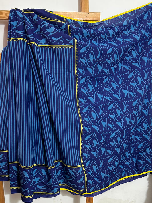 Indigo Hand Block Print Cotton Saree with Pompoms