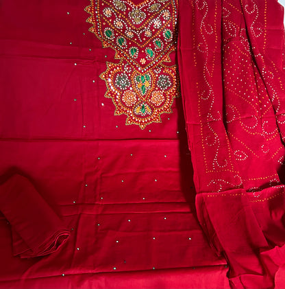 Deep red Bandhej HandWork Cotton Dress Material with Mirror work
