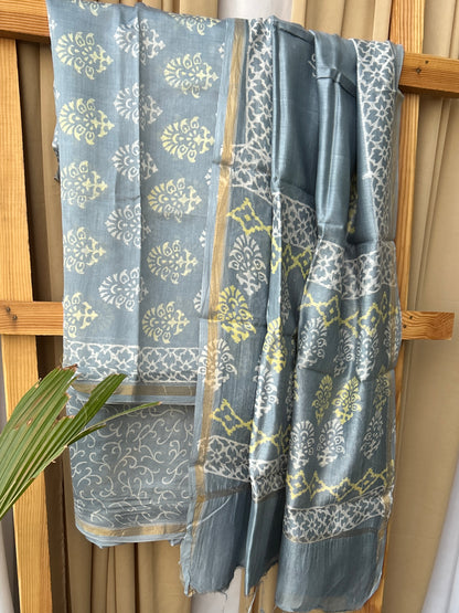 Chanderi Pure Silk Cotton Hand Blockprint Dress Material