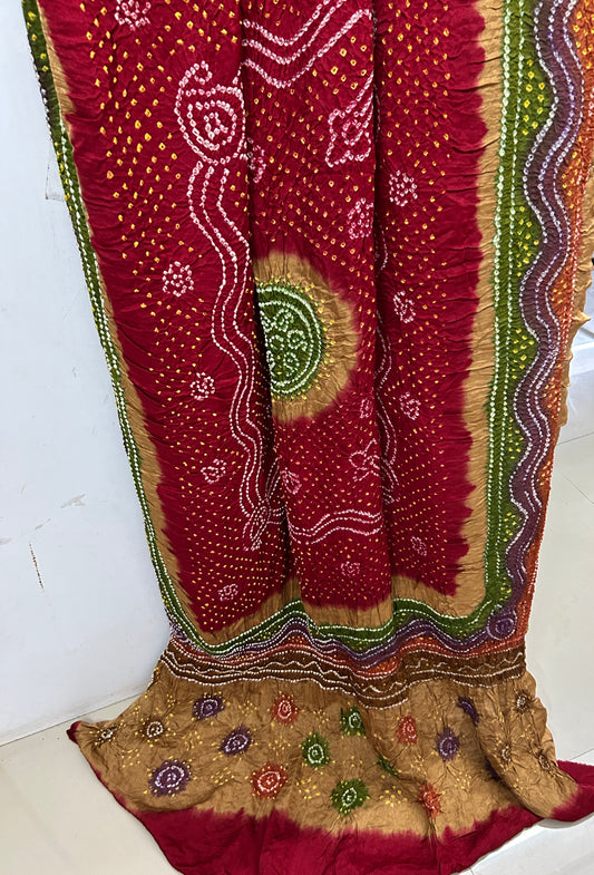 Gajji Silk Red Chandrokhi Motif Bandhej Dupatta