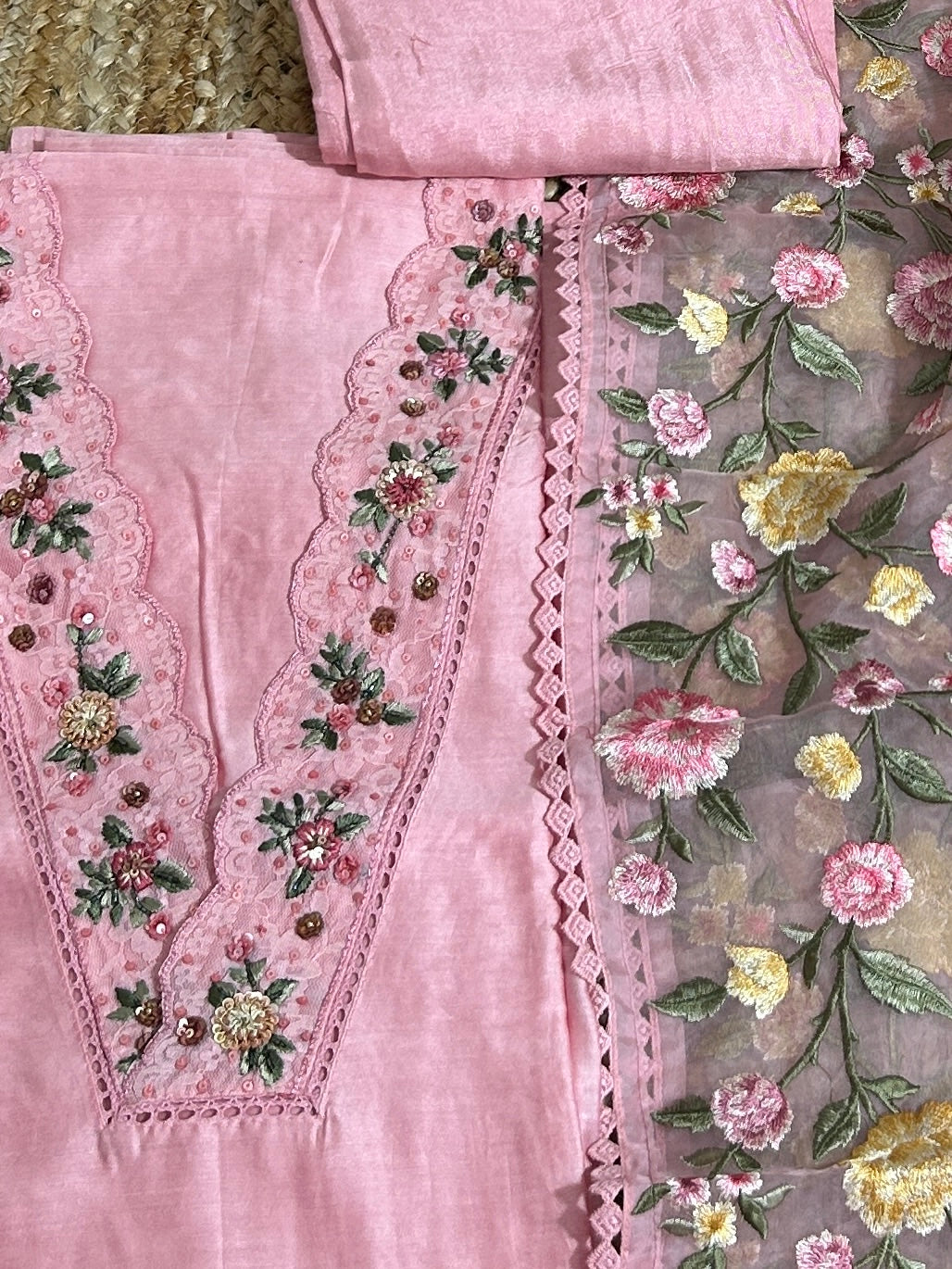 Maslin SIlk Embroidered Dress Material with Embroidered Organza Dupatta *
