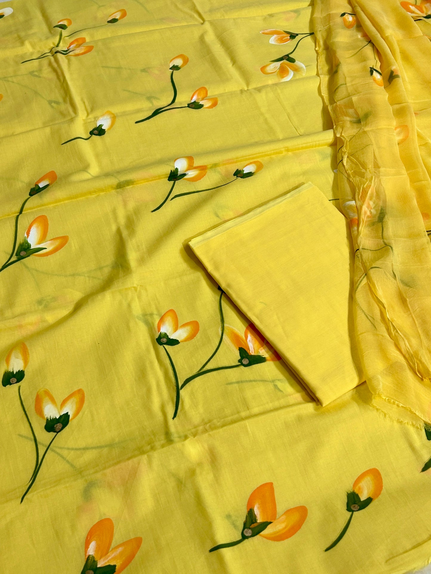 Cotton Hand Painted Dress Material with Chiffon Dupatta