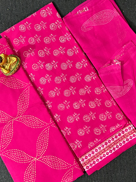 Cotton Block Printed Dress Material with Chiffon Dupatta