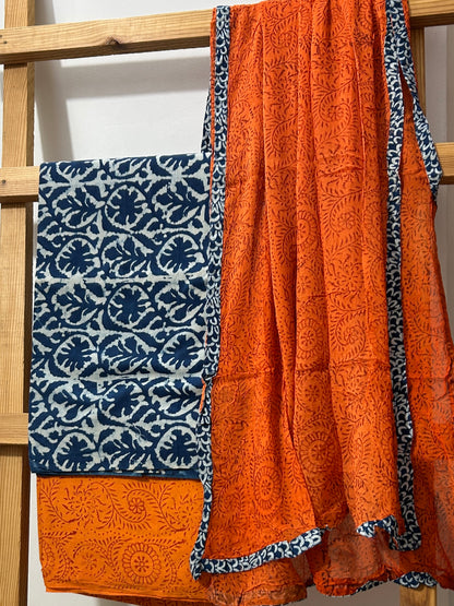 Hand BlockPrint Cotton Dress Material with Chiffon Dupatta