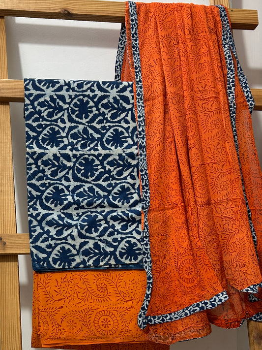 Hand BlockPrint Cotton Dress Material with Chiffon Dupatta