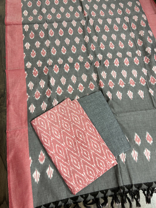 Pink grey Double Ikat Mercerized Cotton Dress Material