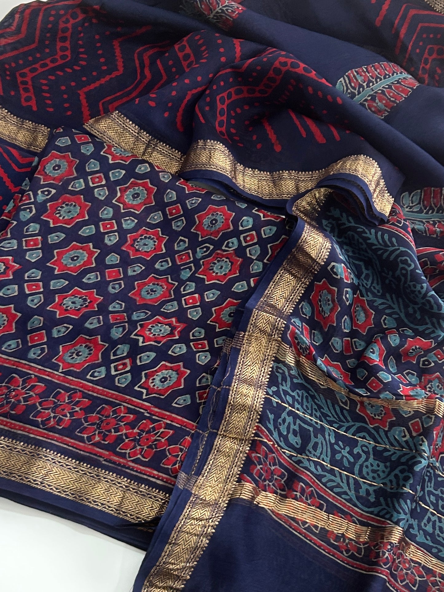 Hand Block Print Maheshwari Silk Cotton Dress Material