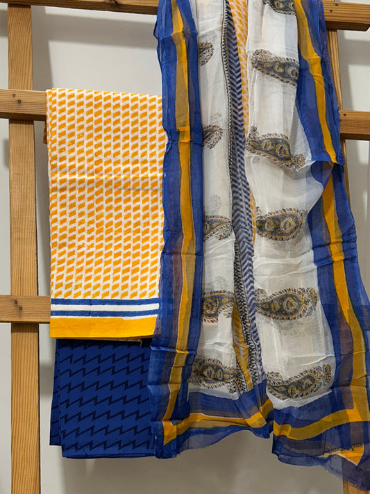 Hand BlockPrint Cotton Dress Material with Chiffon Dupatta *