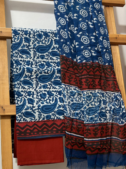 Hand BlockPrint Cotton Dress Material with Chiffon Dupatta