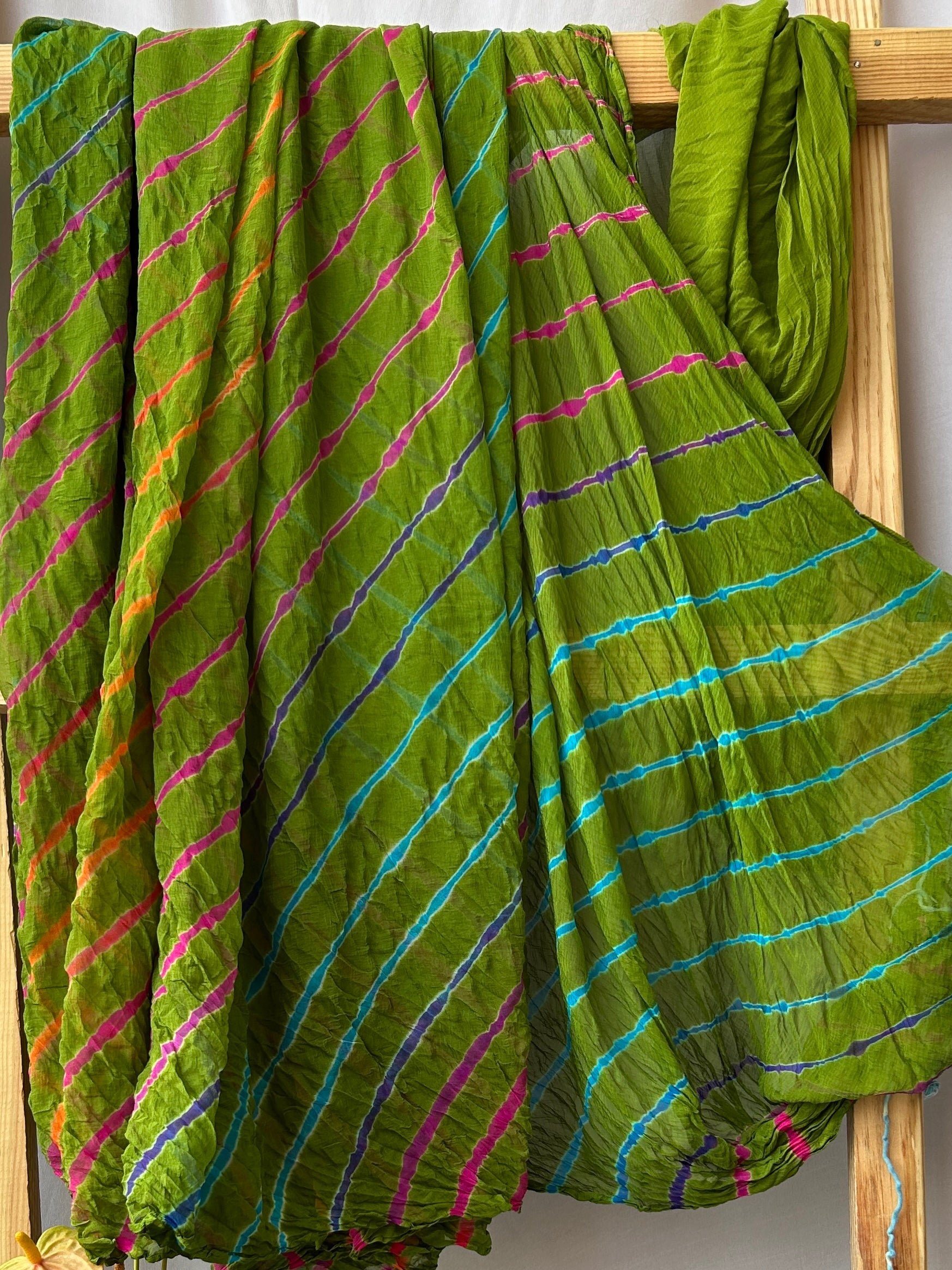 Green Chiffon Lehariya Saree with Blouse