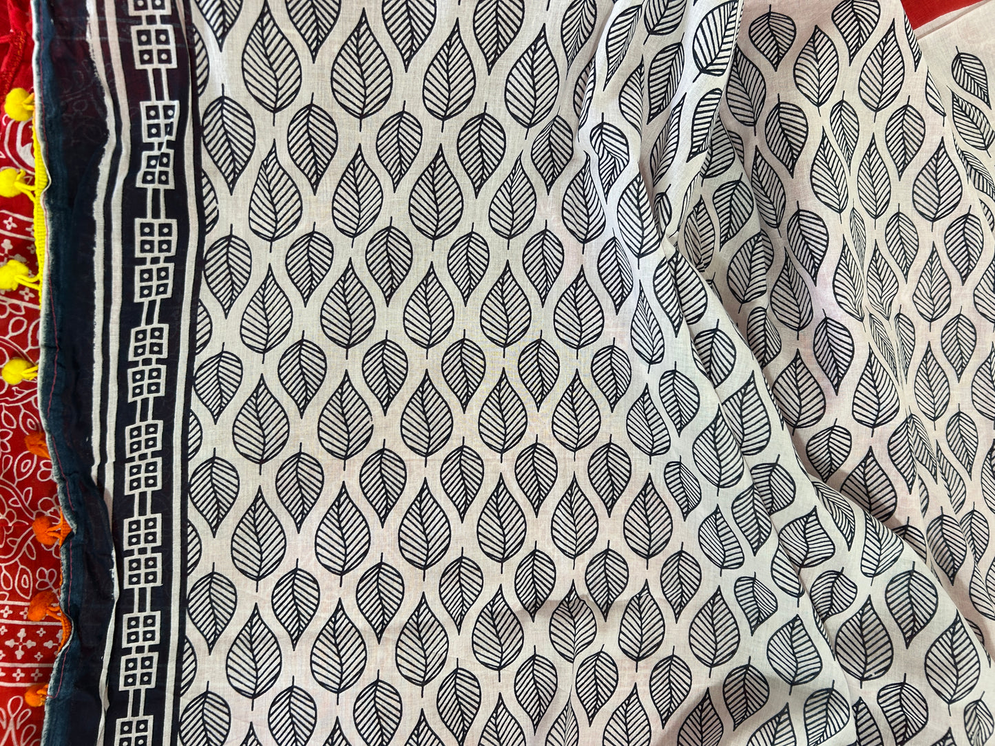 Hand BlockPrint Cotton Saree with Pompoms