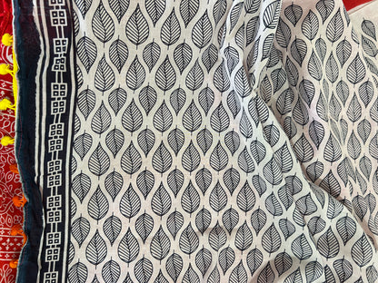 Hand BlockPrint Cotton Saree with Pompoms